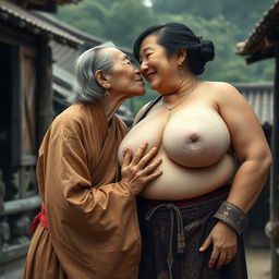 In a medieval Chinese village, an elderly Indonesian woman, very petite and malnourished, is depicted wearing a long, fully-closed Buddhist robe, with medium-length hair and medieval earrings