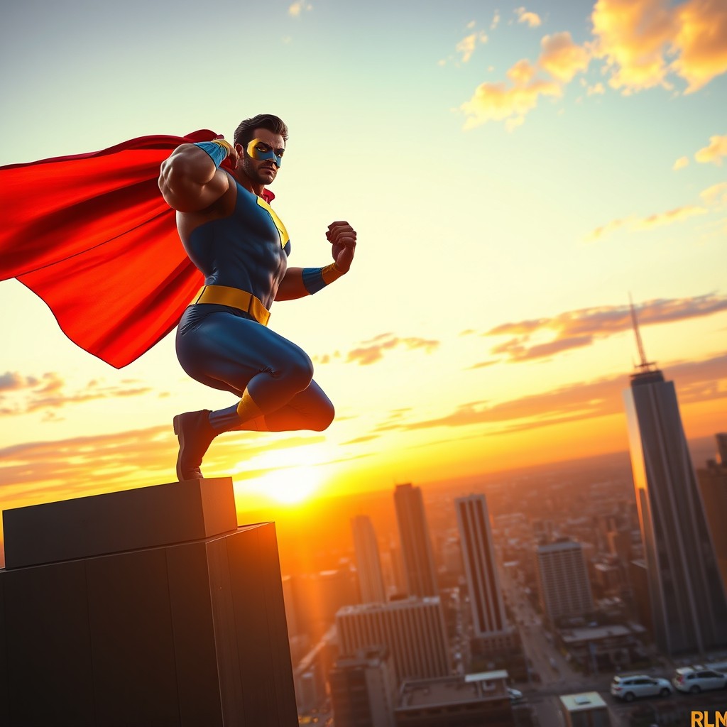 A dynamic superhero in a bold, colorful costume striking an action pose atop a skyscraper, with a city skyline in the background during sunset