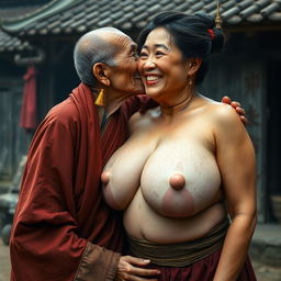 In a medieval Chinese village, an elderly Indonesian woman, notably short and emaciated, is depicted wearing a long, fully closed Buddhist cloak, with medium-length hair and medieval-style earrings