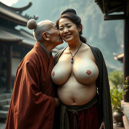 In a medieval Chinese village, an elderly Japanese woman, notably short and emaciated, is portrayed wearing a long, fully closed Buddhist cloak with her hair styled in an elegant bun and adorned with medieval-style earrings