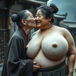 In a medieval Chinese village, an elderly Japanese woman, notably short and emaciated, is portrayed wearing a long, fully closed Buddhist cloak with her hair styled in an elegant bun and adorned with medieval-style earrings