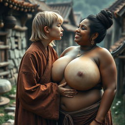 In a medieval village, a young, very short, and undernourished happy blonde woman is wearing a long, fully closed Buddhist robe with her medium-length blonde hair parted in the middle