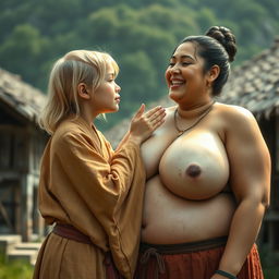 In a medieval village, a young, very short, and undernourished happy blonde woman is wearing a long, fully closed Buddhist robe with her medium-length blonde hair parted in the middle