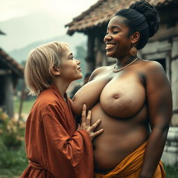 In a medieval village, a young, very short, and undernourished happy blonde woman is wearing a long, fully closed Buddhist robe with her medium-length blonde hair parted in the middle