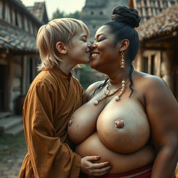 In a medieval village, a young, very short, and undernourished happy blonde woman is wearing a long, fully closed Buddhist robe, with her medium-length blonde hair parted in the middle