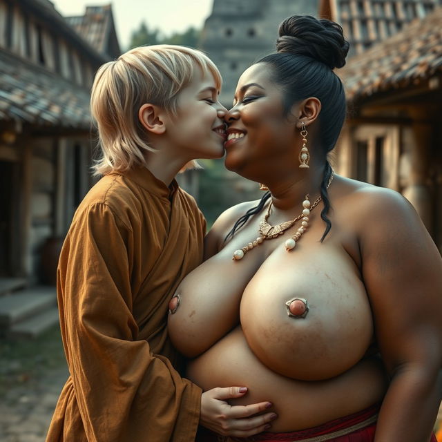 In a medieval village, a young, very short, and undernourished happy blonde woman is wearing a long, fully closed Buddhist robe, with her medium-length blonde hair parted in the middle