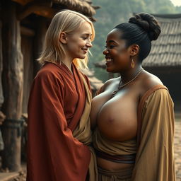 In a medieval village, a young, very short and undernourished happy blonde woman is wearing a long, fully closed Buddhist robe, with her medium-length blonde hair parted in the middle
