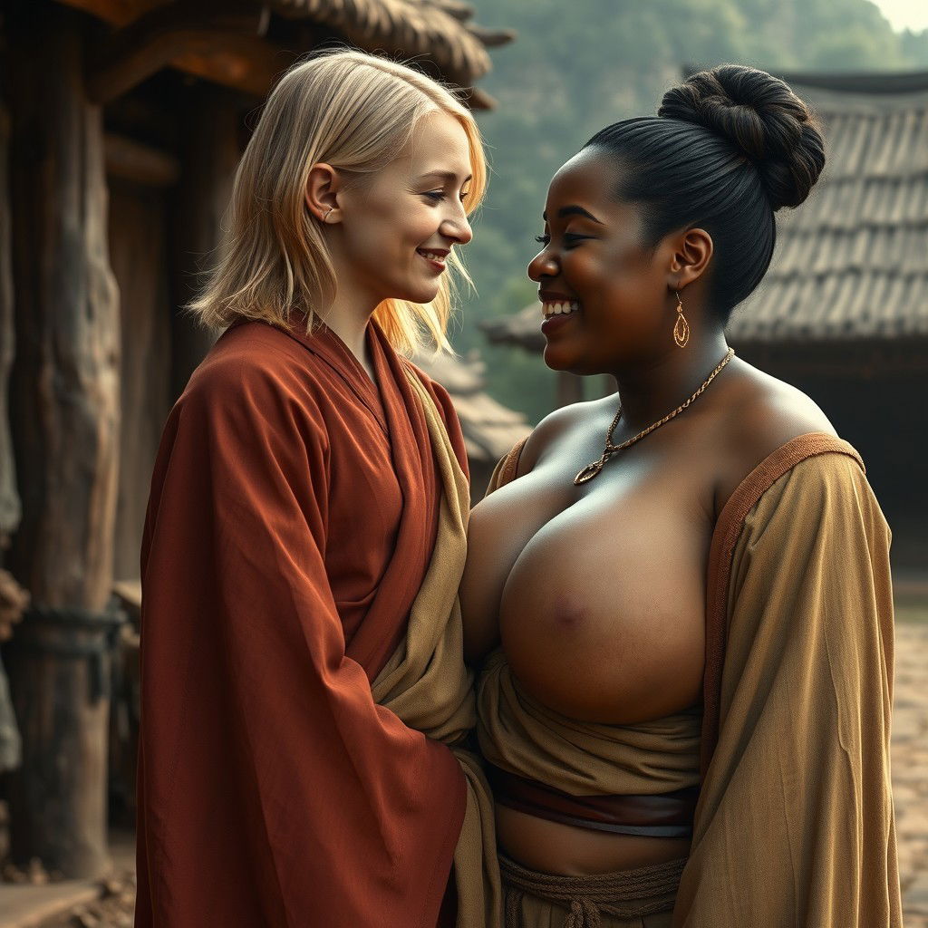 In a medieval village, a young, very short and undernourished happy blonde woman is wearing a long, fully closed Buddhist robe, with her medium-length blonde hair parted in the middle