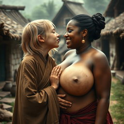 In a medieval village, a young, very short and undernourished happy blonde woman is wearing a long, fully closed Buddhist robe, with her medium-length blonde hair parted in the middle