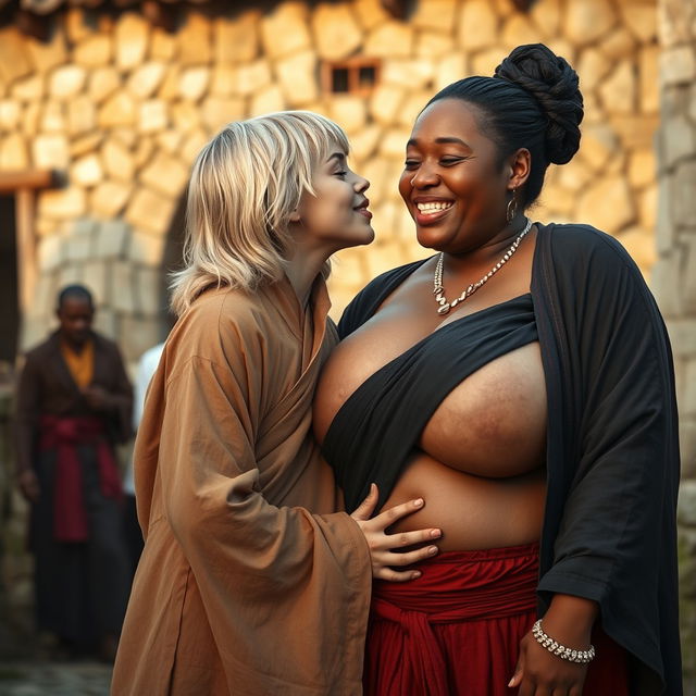In a medieval village, a young, very short and undernourished happy blonde woman is wearing a long, fully closed Buddhist robe, with her medium-length blonde hair parted in the middle