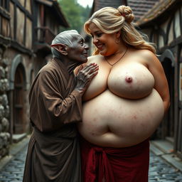 In a medieval village, there is a very short, undernourished elderly black woman with dark skin and elf-like ears