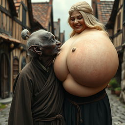 In a medieval village, an elderly black woman, very short and undernourished, has dark skin, elf-like ears, rotten teeth, and is dressed in a long, fully-closed Buddhist robe