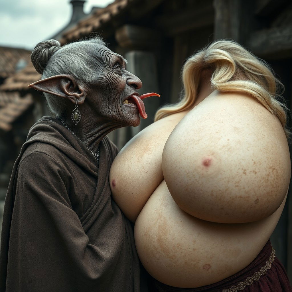 In a medieval village, an elderly black woman, notably short and emaciated with rotten teeth, pointed ears of a sprite, and a witch-like nose, is dressed in a long, fully closed Buddhist cloak