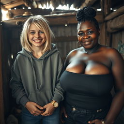 In a poor shack, a quirky scene unfolds featuring a 22-year-old eccentric malnourished woman with medium-length blonde hair and striking blue eyes