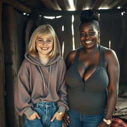 In a poor shack, a quirky scene unfolds featuring a 22-year-old eccentric malnourished woman with medium-length blonde hair and striking blue eyes