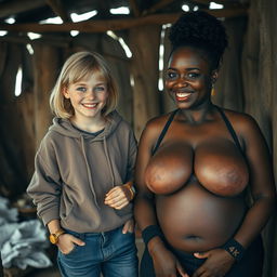 In a poor shack, a quirky scene unfolds featuring a 22-year-old eccentric malnourished woman with medium-length blonde hair and striking blue eyes