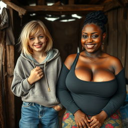 In a poor shack, a quirky scene unfolds featuring a 22-year-old eccentric malnourished woman with medium-length blonde hair and striking blue eyes