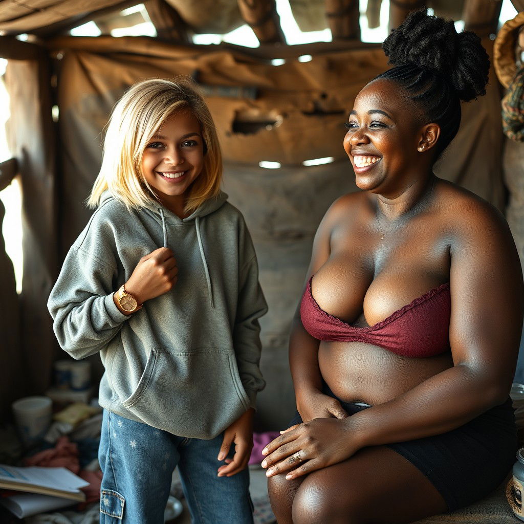 In a poor shack, a scene unfolds featuring a quirky 22-year-old malnourished woman with medium-length blonde hair and a bright smile