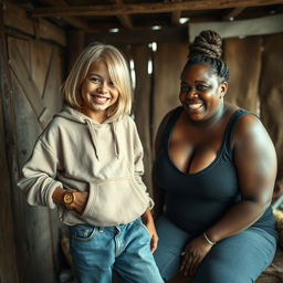 In a poor shack, a scene unfolds featuring a quirky 22-year-old malnourished woman with medium-length blonde hair and a bright smile
