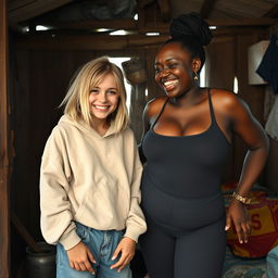 In a poor shack, a scene unfolds featuring a quirky 22-year-old malnourished woman with medium-length blonde hair and a bright smile