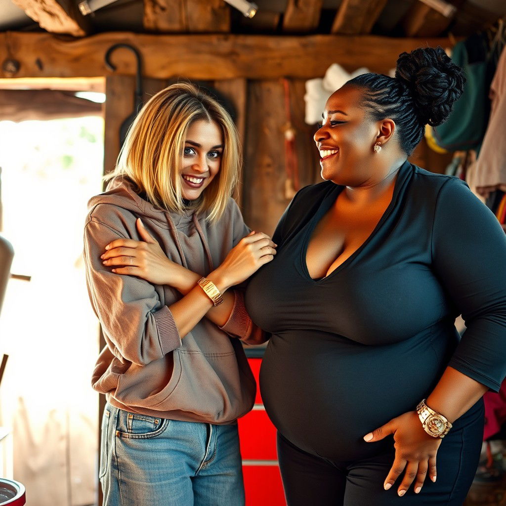 In a humble shack, a lively and colorful scene captures a 22-year-old eccentric malnourished woman with medium-length blonde hair, wearing an oversized hoodie and baggy jeans, and a gold watch