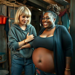 In a humble shack, a lively and colorful scene captures a 22-year-old eccentric malnourished woman with medium-length blonde hair, wearing an oversized hoodie and baggy jeans, and a gold watch