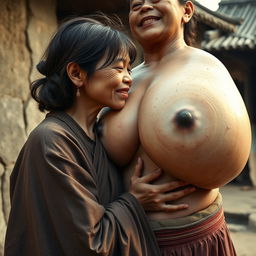 In a medieval village, a young Indonesian woman, short and emaciated with rotten teeth, wearing a long, fully closed Buddhist robe, medium-length hair adorned with medieval earrings