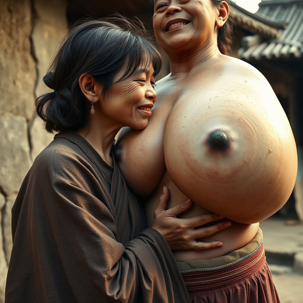 In a medieval village, a young Indonesian woman, short and emaciated with rotten teeth, wearing a long, fully closed Buddhist robe, medium-length hair adorned with medieval earrings
