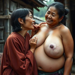 In a medieval village, a young Indonesian woman, short and emaciated with rotten teeth, wearing a long, fully closed Buddhist robe, medium-length hair adorned with medieval earrings