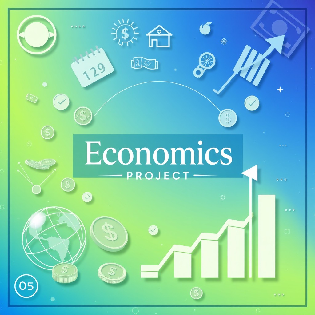 A visually appealing cover design for an economics project, featuring a striking blend of symbols related to economics such as graphs, currency, and calculators