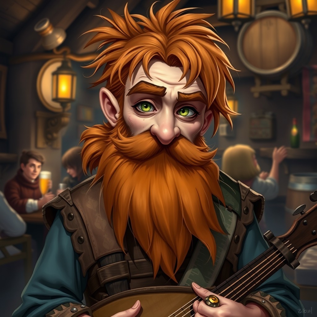 A medium-height Dwarf Bard with olive skin, messy ginger hair tied back in a ponytail, and a short, luxurious beard