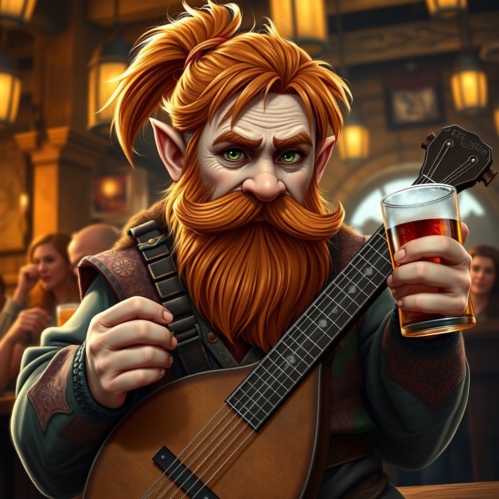 A medium-height Dwarf Bard with olive skin, unkempt ginger hair tied back in a casual ponytail, and a short luxurious beard
