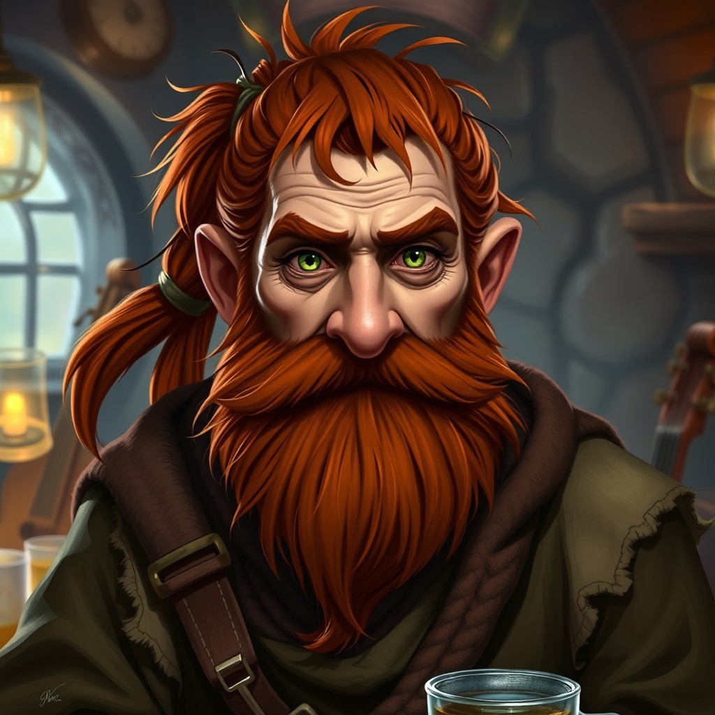 A medium height Dwarf Bard with olive skin and unkempt, oily red hair tied back in a messy ponytail