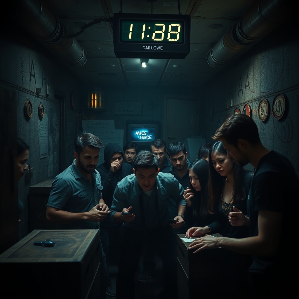 A thrilling scene depicting a claustrophobic escape room filled with intricate puzzles and dark, narrow pathways