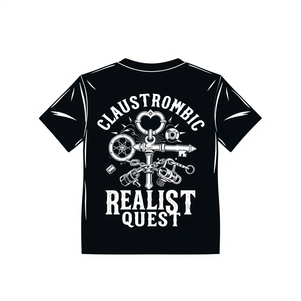 A striking black and white print design on the back of a T-shirt featuring the 'Claustrophobic Reality Quest' brand