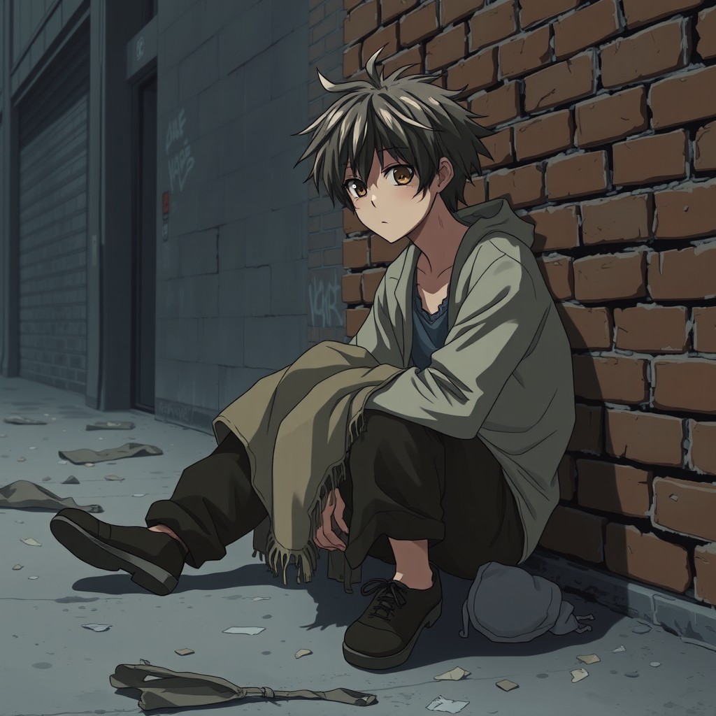 A poignant anime-style image of a homeless person sitting against a brick wall, wearing tattered clothing and holding a worn-out blanket