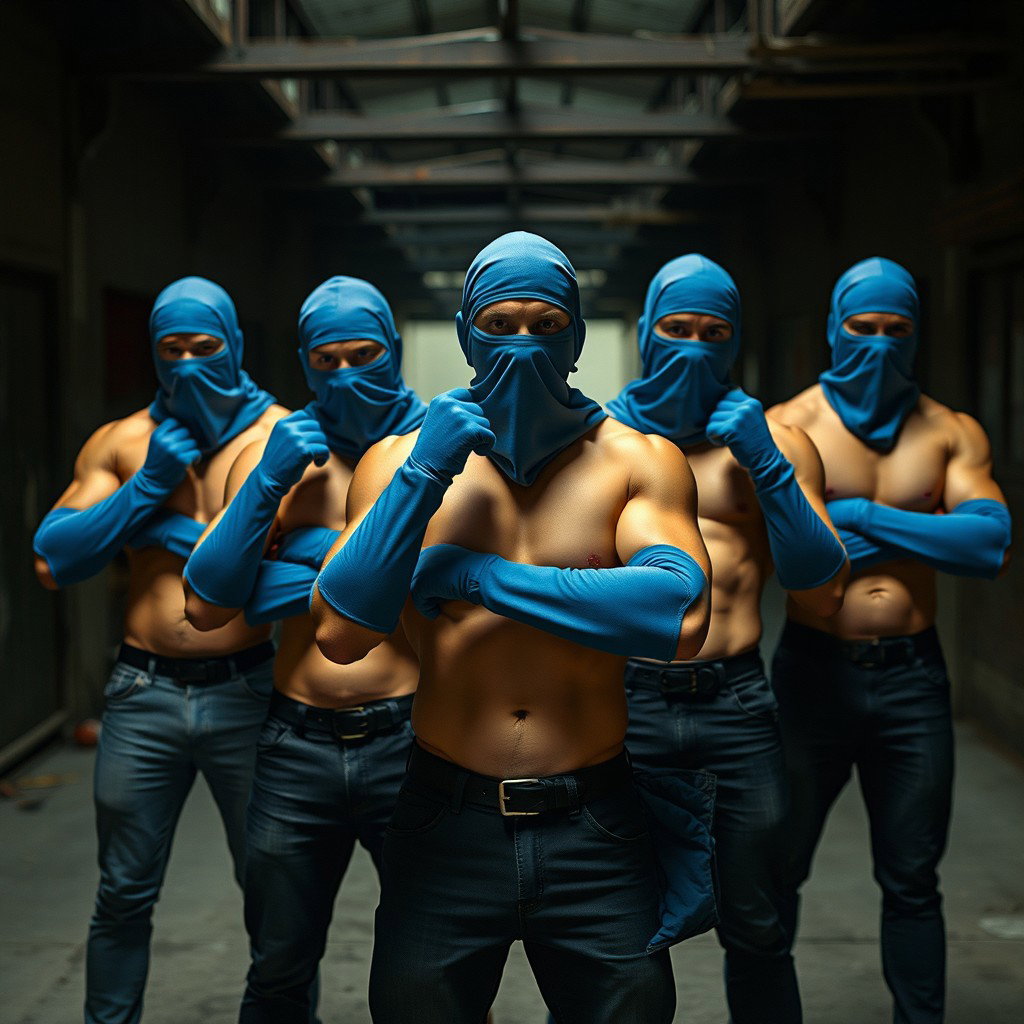 Un grupo de hombres sin camiseta, mostrando físicos musculosos, con las caras cubiertas por pasamontañas azules que les dan un aire de misterio y anonimato
