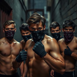 Un grupo de jóvenes ladrones hombres de cabello moreno, sin camiseta, resaltando sus físicos atléticos