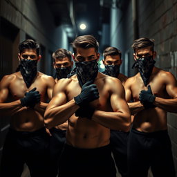 Un grupo de jóvenes ladrones hombres de cabello moreno, sin camiseta, resaltando sus físicos atléticos