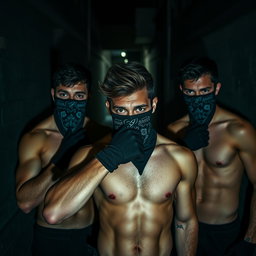 Un grupo de jóvenes ladrones hombres de cabello moreno, sin camiseta, resaltando sus físicos atléticos