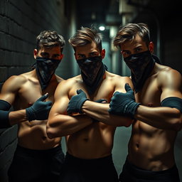 Un grupo de jóvenes ladrones hombres de cabello moreno, sin camiseta, resaltando sus físicos atléticos