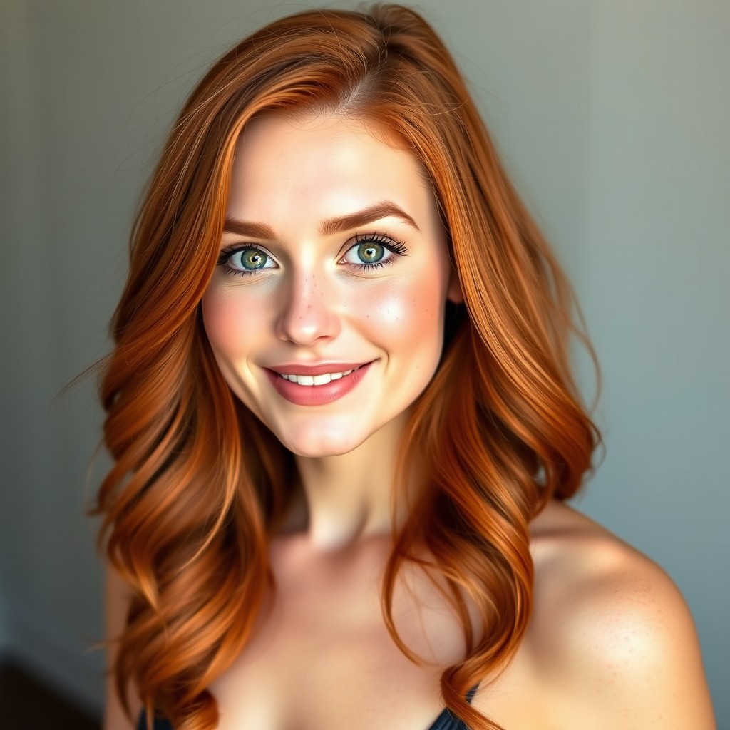 A woman standing at 5'4" with rich, true red hair that cascades softly around her face
