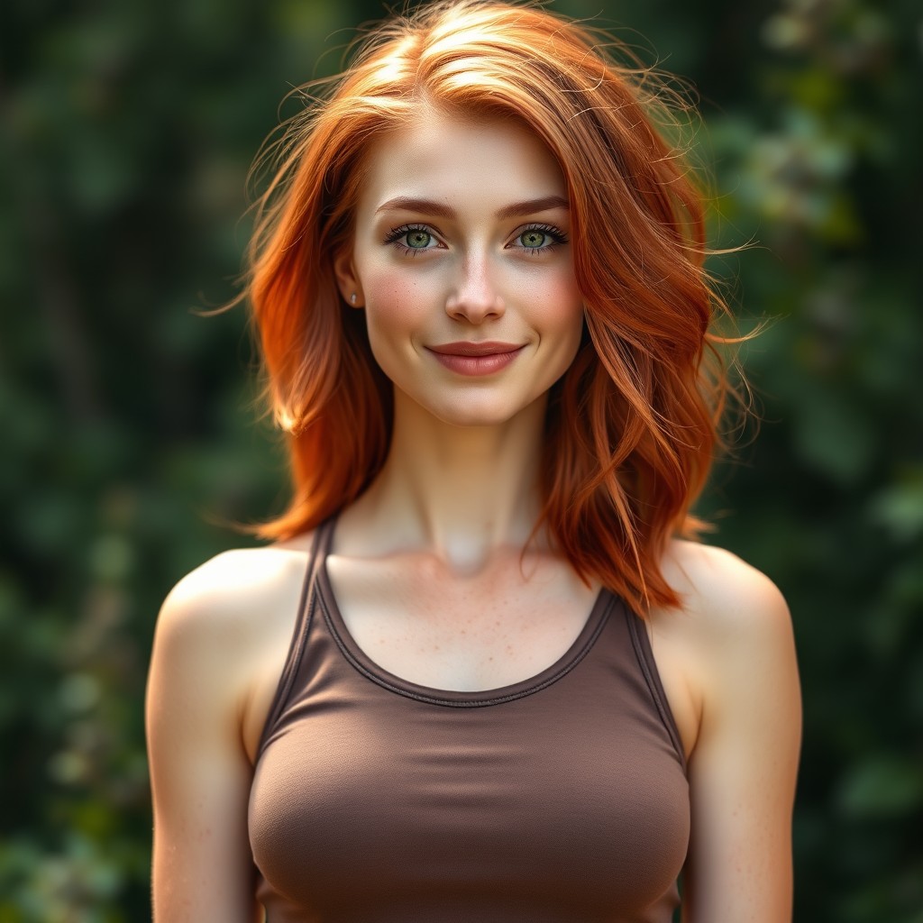 A full-body portrait of a woman standing at 5'4" with rich, true red hair that falls gracefully around her shoulders