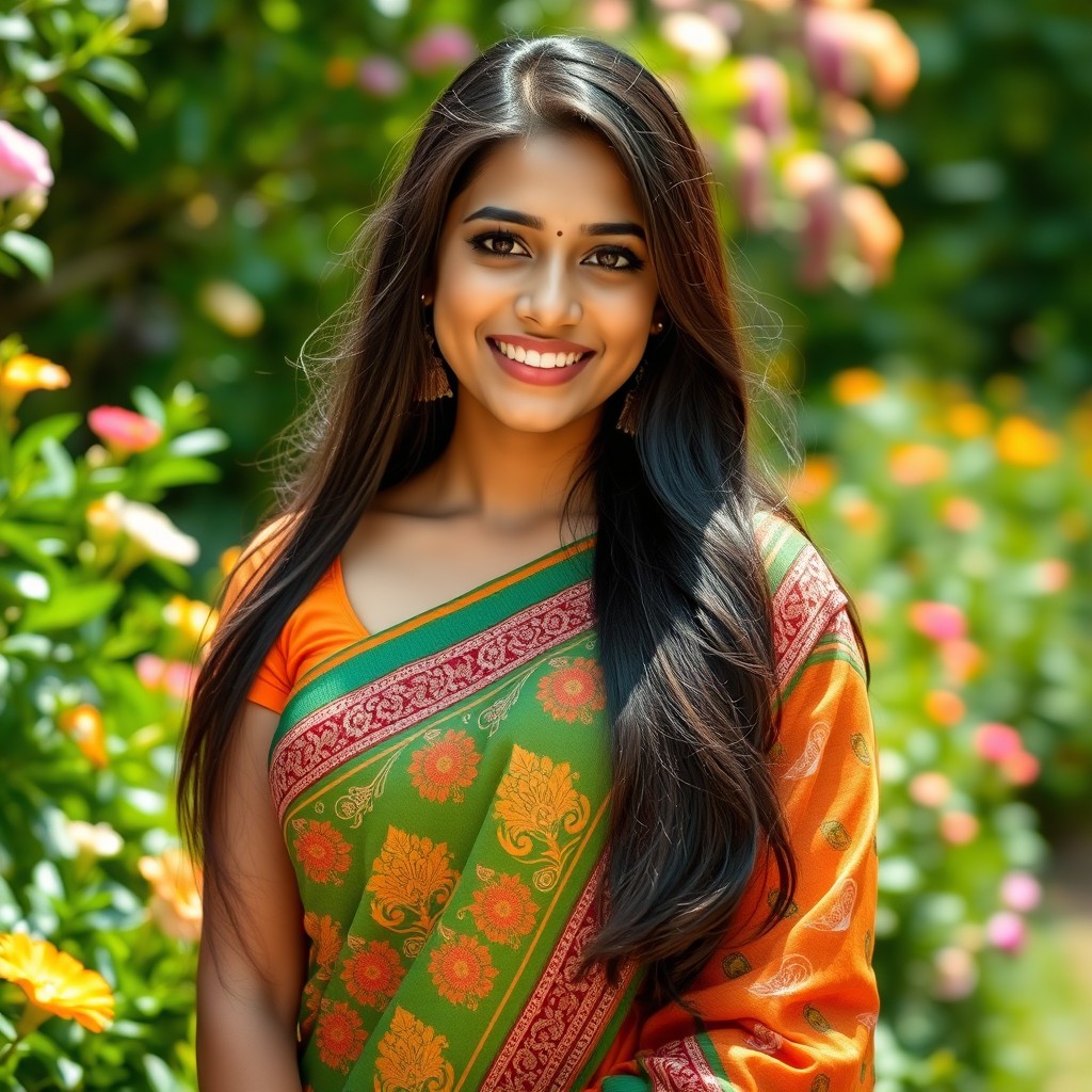 A beautiful 22-year-old Indian woman, with long dark hair cascading down her shoulders, wearing a vibrant traditional saree adorned with intricate patterns