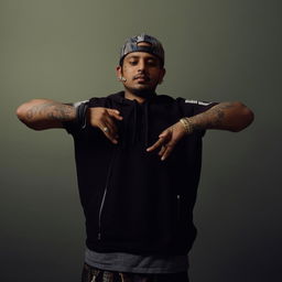 A detailed portrayal of MC Stan, the Indian rapper, capturing his unique style and energetic persona.