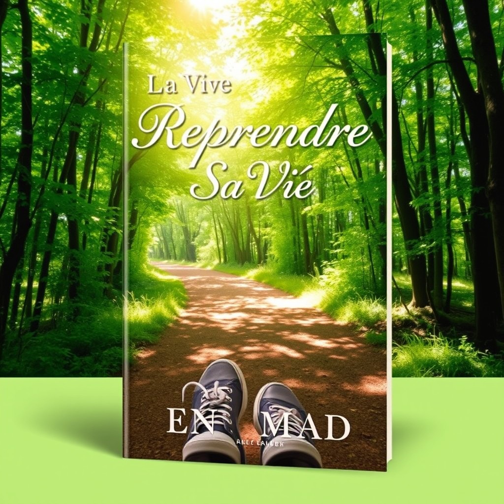 A book cover design titled 'Reprendre Sa Vie En Main', featuring a serene path through a lush, green forest symbolizing a journey of personal transformation