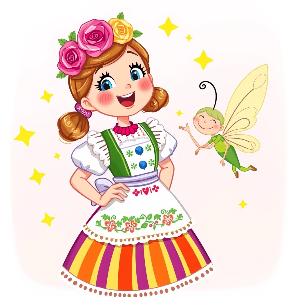 Swieta wearing a traditional Polish Łowicz folk costume with a bright, multicolored striped skirt, an intricately embroidered apron, and a decorative floral headpiece