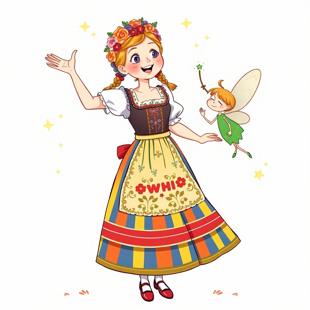 Swieta wearing a traditional Polish Łowicz folk costume with a bright, multicolored striped skirt, an intricately embroidered apron, and a decorative floral headpiece