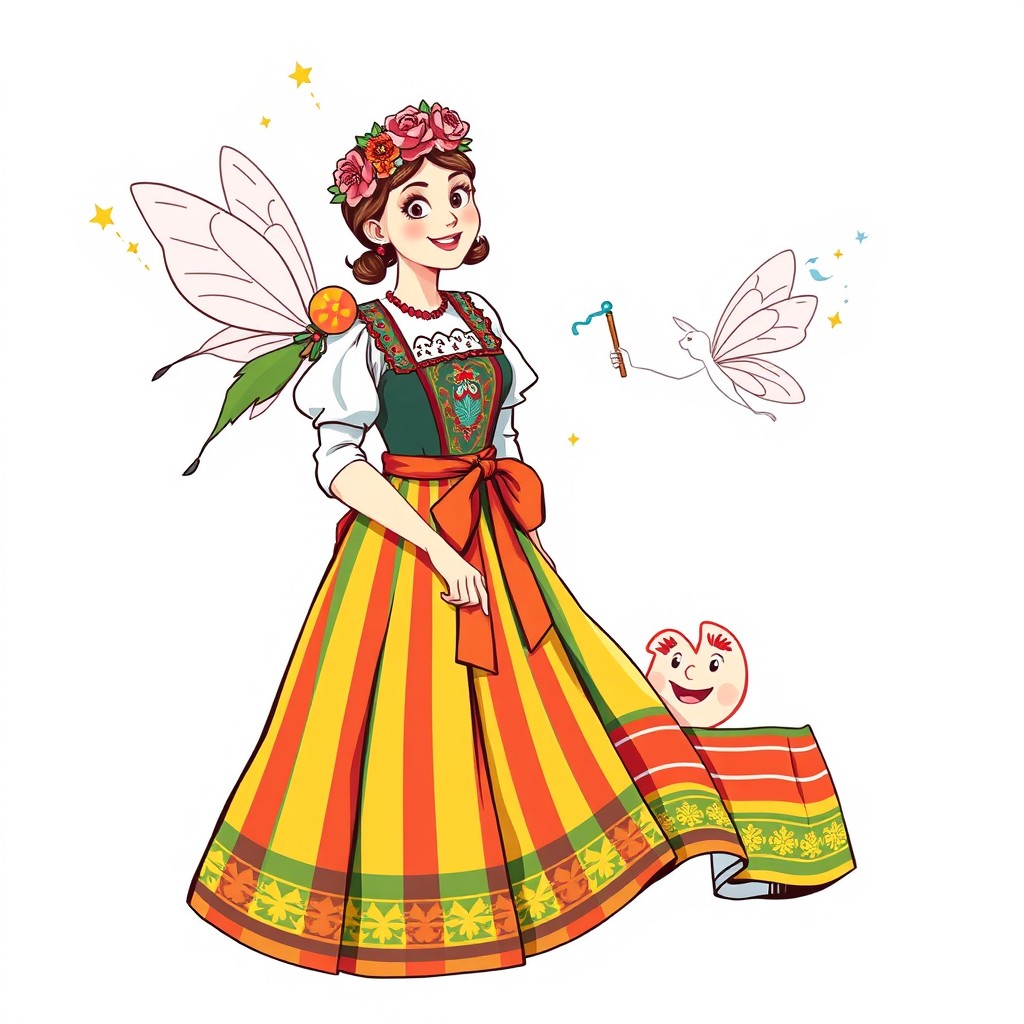 A woman in her early twenties wearing a traditional Polish Łowicz folk costume featuring a bright, multicolored striped skirt, an intricately embroidered apron, and a decorative floral headpiece