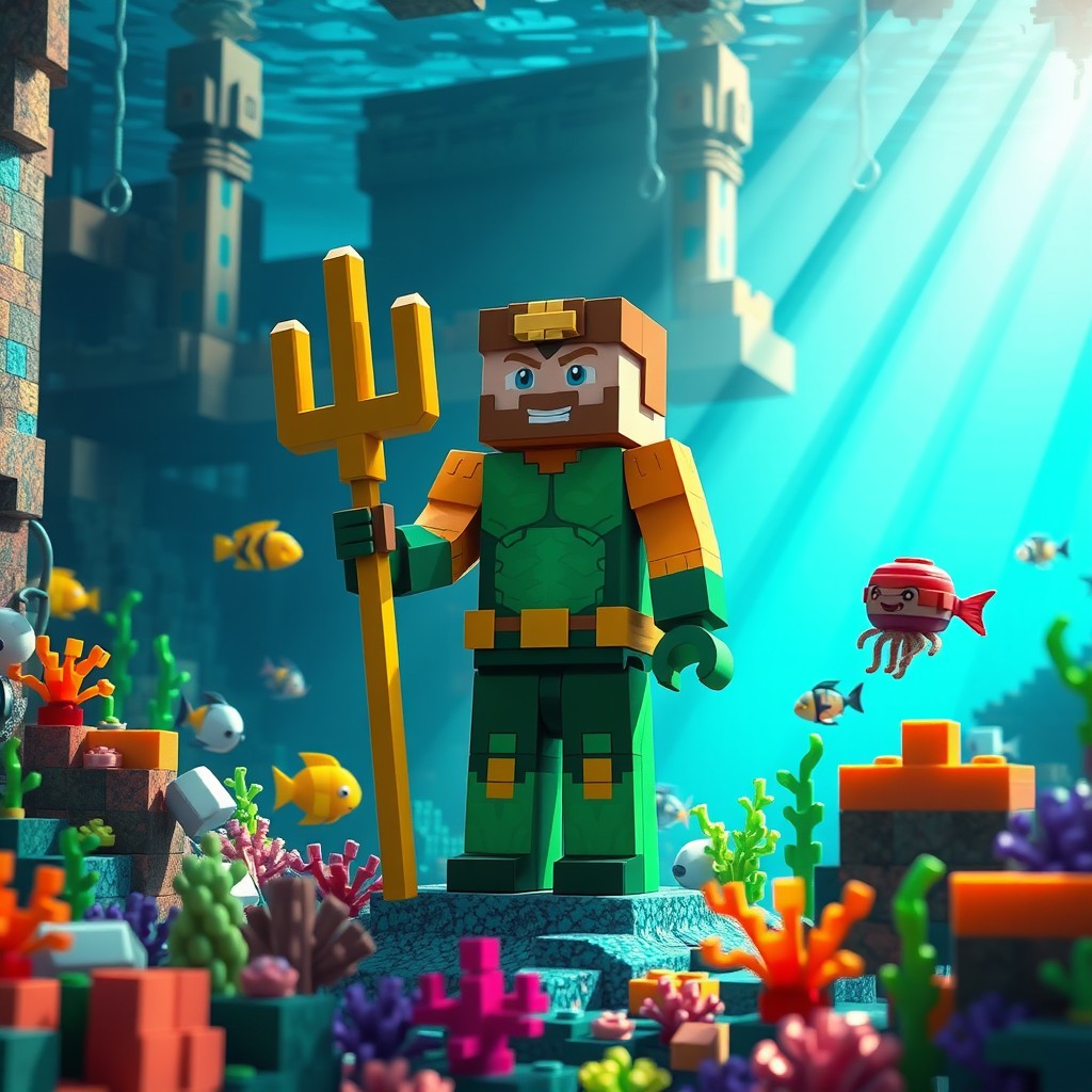 A Minecraft-style depiction of Aquaman, standing in a vivid underwater scene made of pixelated blocks